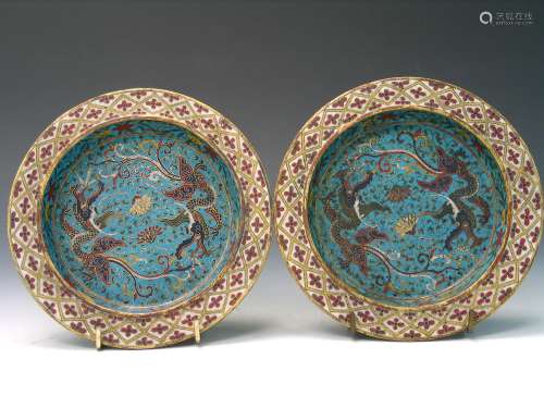A pair of Chinese cloisonne dishes with Ming mark.