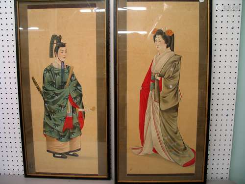 Two Japanese water color painting of on silk.