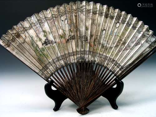 Chinese ink and water color painting fan with calligraphy on the back. Qing Dynasty.