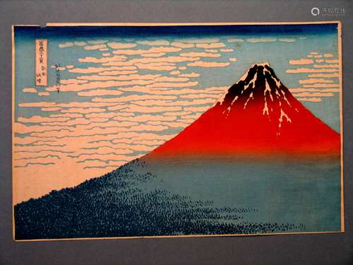 Japanese woodblock print of Fuji mountain.