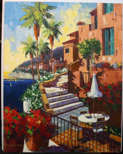 Barbara McCann, A Day in Villa Franche, Limited Edition Embellish Serigraph on Canvas, signed by Artist. Canvas size is 44