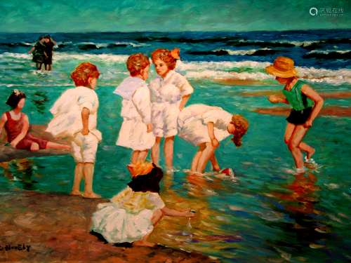 Children on the beach. C. Houely. Oil on canvas.