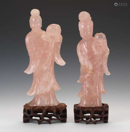 Pair of Antique Chinese Rose Quartz Guanyin