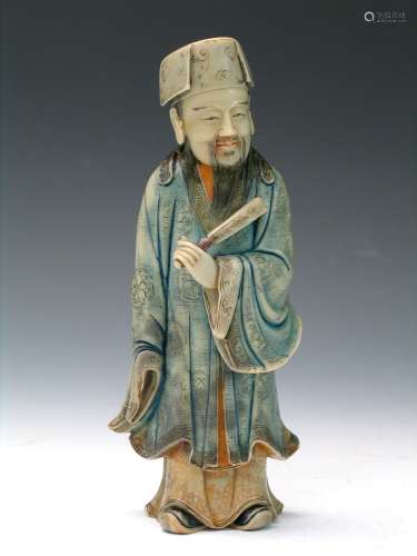 Chinese antique soapstone carving of an immortal.  H 21 cm.