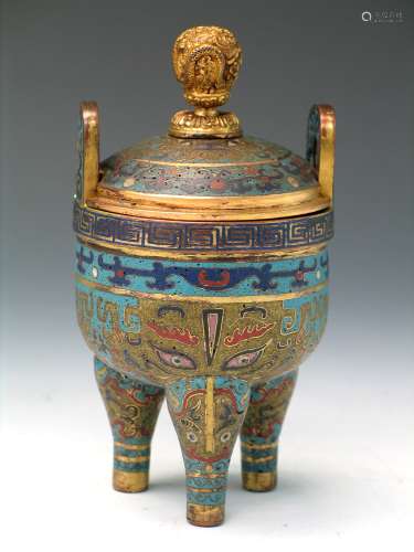 Chinese cloisonne incense burner with lid. Qianlong Mark.