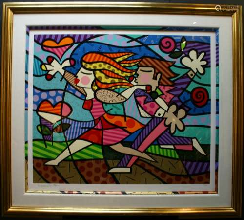 Romero Britto, Love Blossoms, Limited Edition Serigraph, Signed by Artist. Framed size is 44
