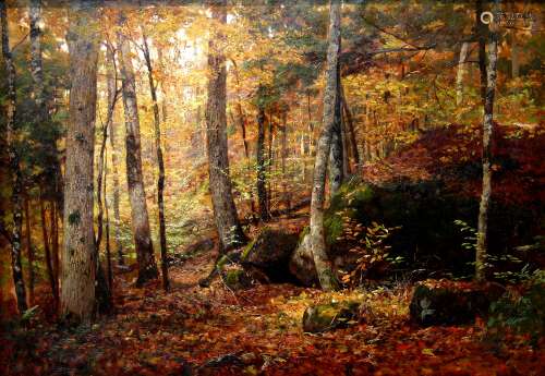 Forest Interior Scene Keene Valley Adirondacks Mountains in Original Frame, by Roswell Morse Shurtleff.