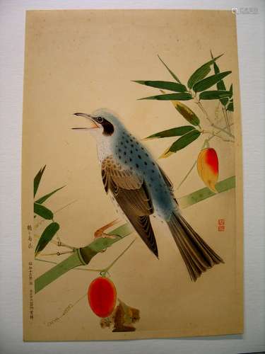 Japanese woodblock print of a bird.