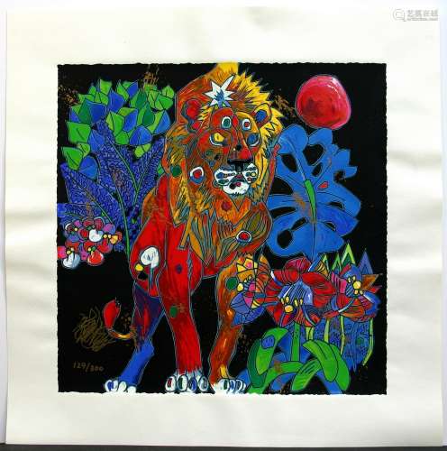 Jiang Tie Feng, Lion, Limited Edition Serigraph on Canvas, Signed by Artist. Image Size is 12