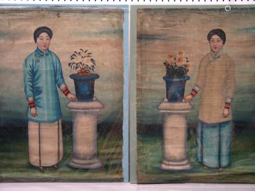 A pair of19 th century Chinese oil painting on canvas.