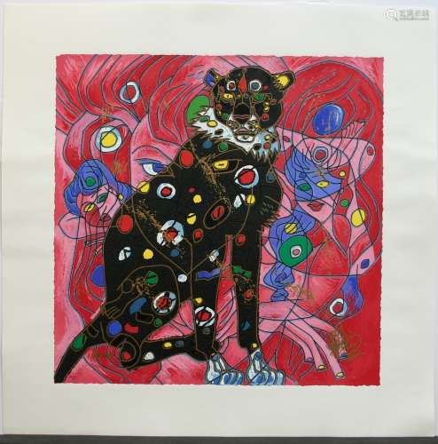 Jiang Tie Feng, Cheetah, Limited Edition Serigraph on Canvas, Signed by Artist. Image Size is 12