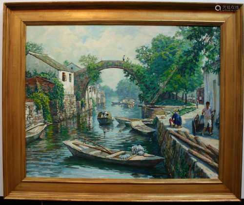 Jie Wei Zhou, Suzhou Canal scene, Original Oil Painting, Signed by Artist. Painting size 22