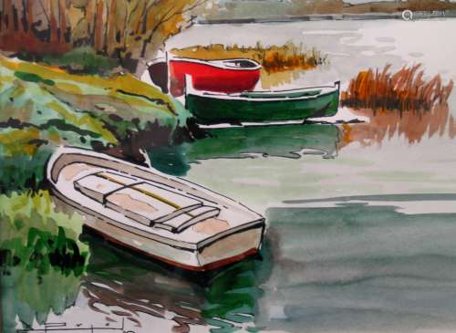 Boat scene, by Ramon Pujol. Artist Signed Watercolor on