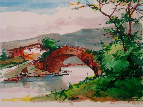 Bridge. By Salvador Caballero. Artist Signed Watercolor