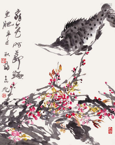 郭志光（b.1942）桃花时节鳜鱼肥 设色纸本 镜心