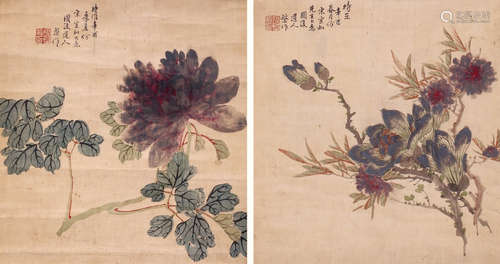 张槃（1812-1890）花卉双挖 设色绢本 轴