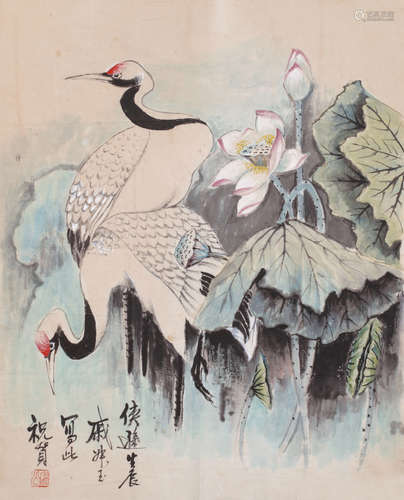 戚叔玉（1912-1992）荷花仙鹤图 纸本 镜心 1张