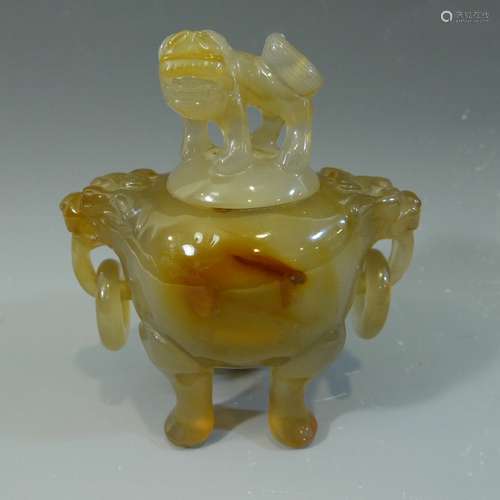 ANTIQUE CHINESE CARVED AGATE CENSER, QING DYNASTY