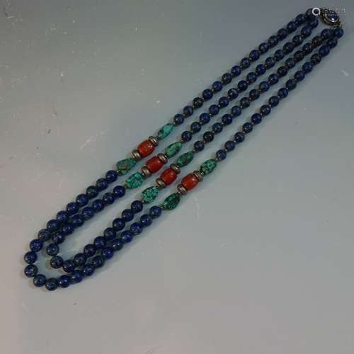 MAGNIFICENT CORAL TURQUOISE & LAPIS LAZULI BEADS NEACKLACE