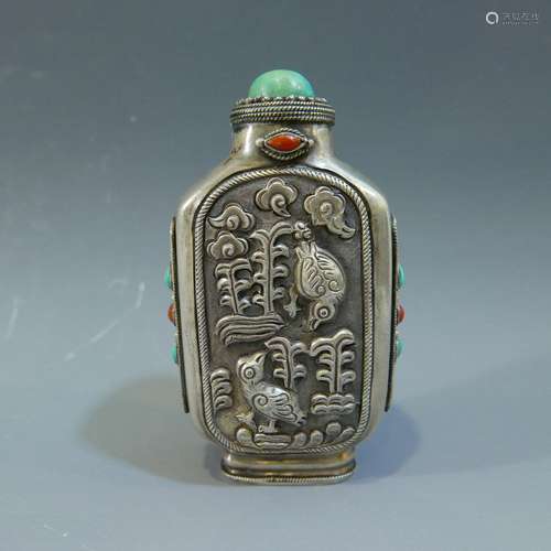 ANTIQUE SINO TIBETAN SILVER CORAL &TURQUOISE SNUFF BOTTLE