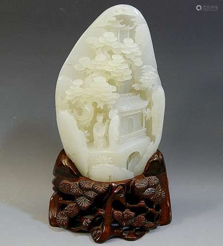 ANTIQUE CHINESE CARVED HETIAN JADE MOUNTAIN - QIANLONG MARK