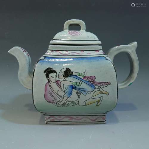 CHINESE ANTIQUE EROTIC ENAMEL YIXING TEAPOT