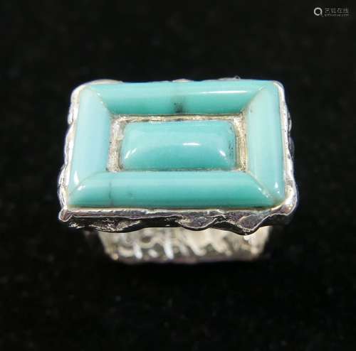 STERLING SILVER TURQUOISE SQUARE RING - SIGNED PB