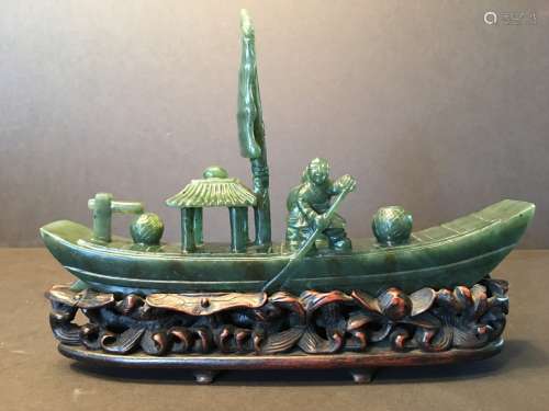 ANTIQUE Chinese Old Green jade (Bi Yu) Boat, 18th-19th Century. 7 1/2