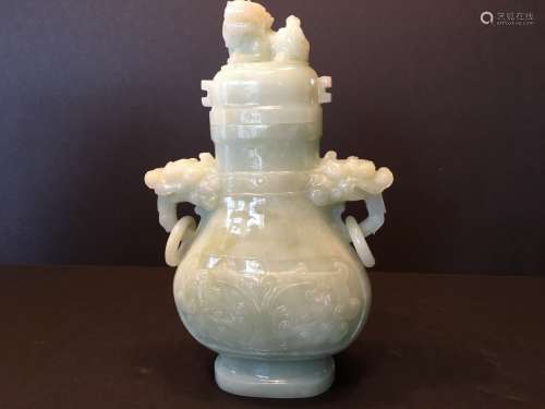 A Fine Chinese White Jade Vase with Foo Lion lid, 8 1/2