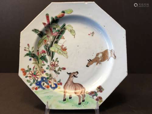 ANTIQUE Chinese Famillie Rose Plate with flowers & OX in water, 18th Century. 9