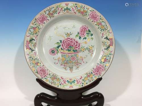 ANTIQUE Chinese Large Famille Rose Charger Plate, early 18th C. Yongzheng period. 19 1/2