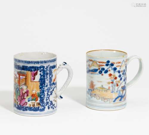 TWO MUGS WITH FIGURES AND LANDSCAPE.