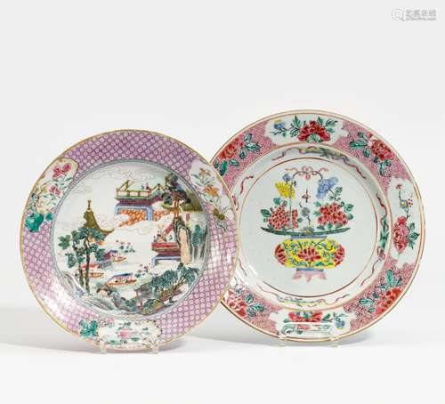 TWO PLATES WITH FLOWER BASKET AND PALACE SCENE.