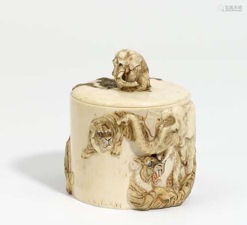 LIDED BOX WITH TIGERS FIGHTING ELEPHANT.