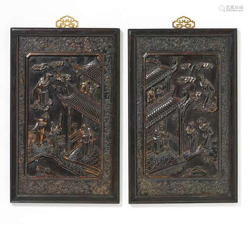 A PAIR OF PANELS WITH SCENES FROM A NOVEL.