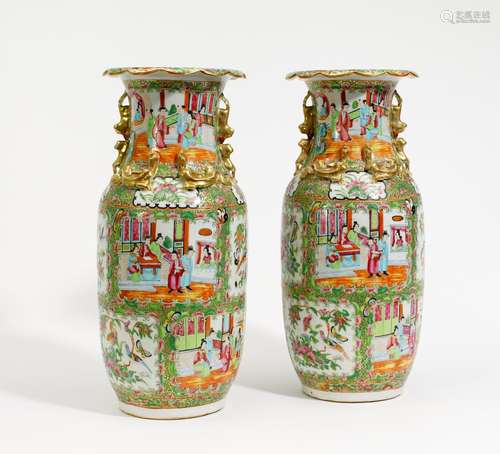 PAIR CANTON VASES WITH PEOPLE AND FLOWERS.