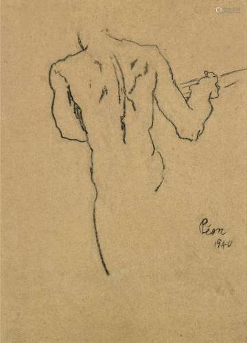 徐悲鸿 1940年作 男人体背部速写 镜框 素描