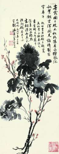 刘海粟 1974年作 墨牡丹 立轴 设色纸本