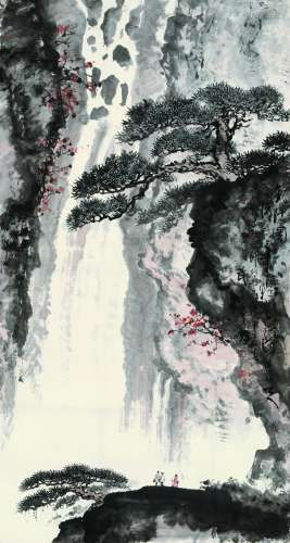 亚明魏紫熙武中奇 1980年作 观瀑图 立轴 设色纸本