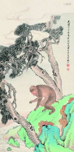 黄山寿 1907年作 猴 立轴 设色纸本