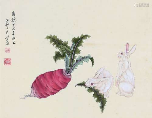 溥儒 1939年作 双兔莱菔图 立轴 设色绢本