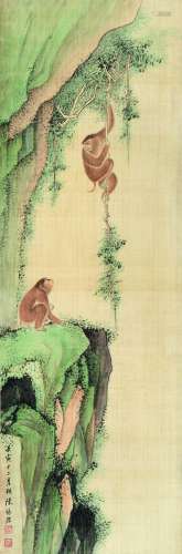 陈缘督 1962年作 猴子 立轴 设色纸本