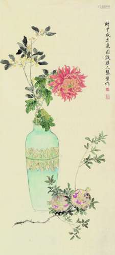 张槃 1874年作 清供 立轴 设色绢本