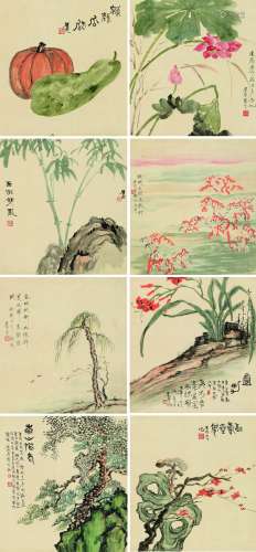 李健 1922年作 山水花卉 屏轴 设色绢本