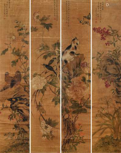 李珏 1896年作 花卉 四屏 镜框 设色绢本