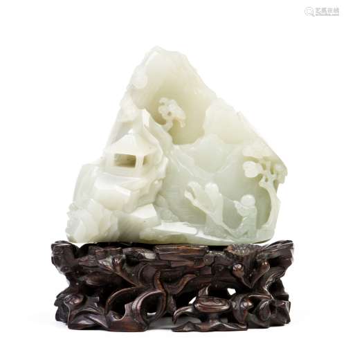 A JADE MOUNTAIN WITH HARDWOOD STAND, QING DYNASTY, 18TH CENTURY