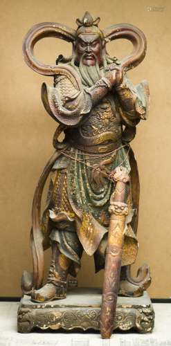 A WOOD CARVED FIGURE OF WEITUO, QING DYNASTY