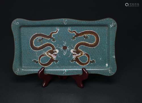 Late Qing / Republic-A Cloisonné ‘Double Dragon’ Plate (Wood Stand)