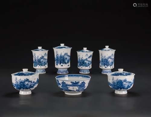 20th Century-A Blue And White Cups And Bowl (7 Pieces)