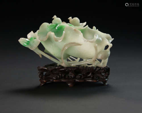 Late Qing / Republic-A Jadeite Carved Lotus Flower With Wood Stand